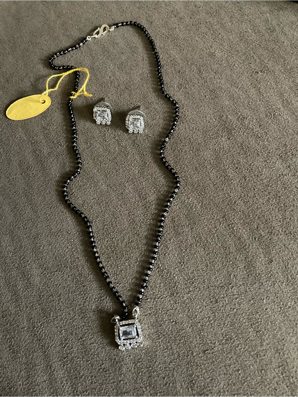 Black Bead Necklace with Clear Crystal Pendant and Matching Earrings